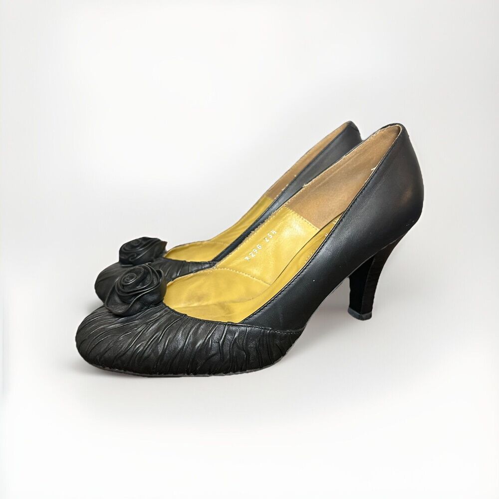 Strawberry Field Whimsygoth‎ Black Heels Pumps Leather Flower Retro 23.5 SZ US 7